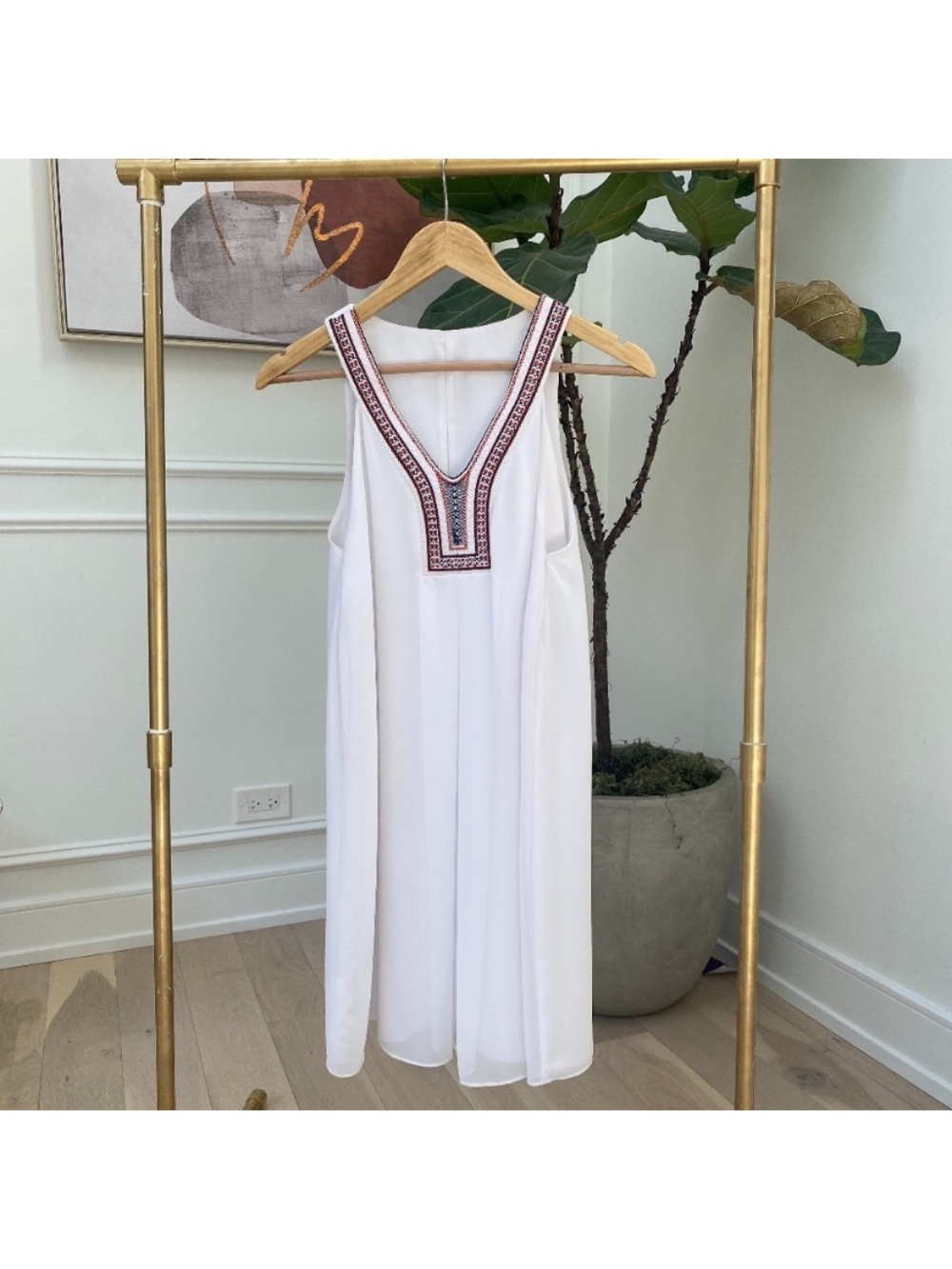White Shift Dress with Red & Blue Details